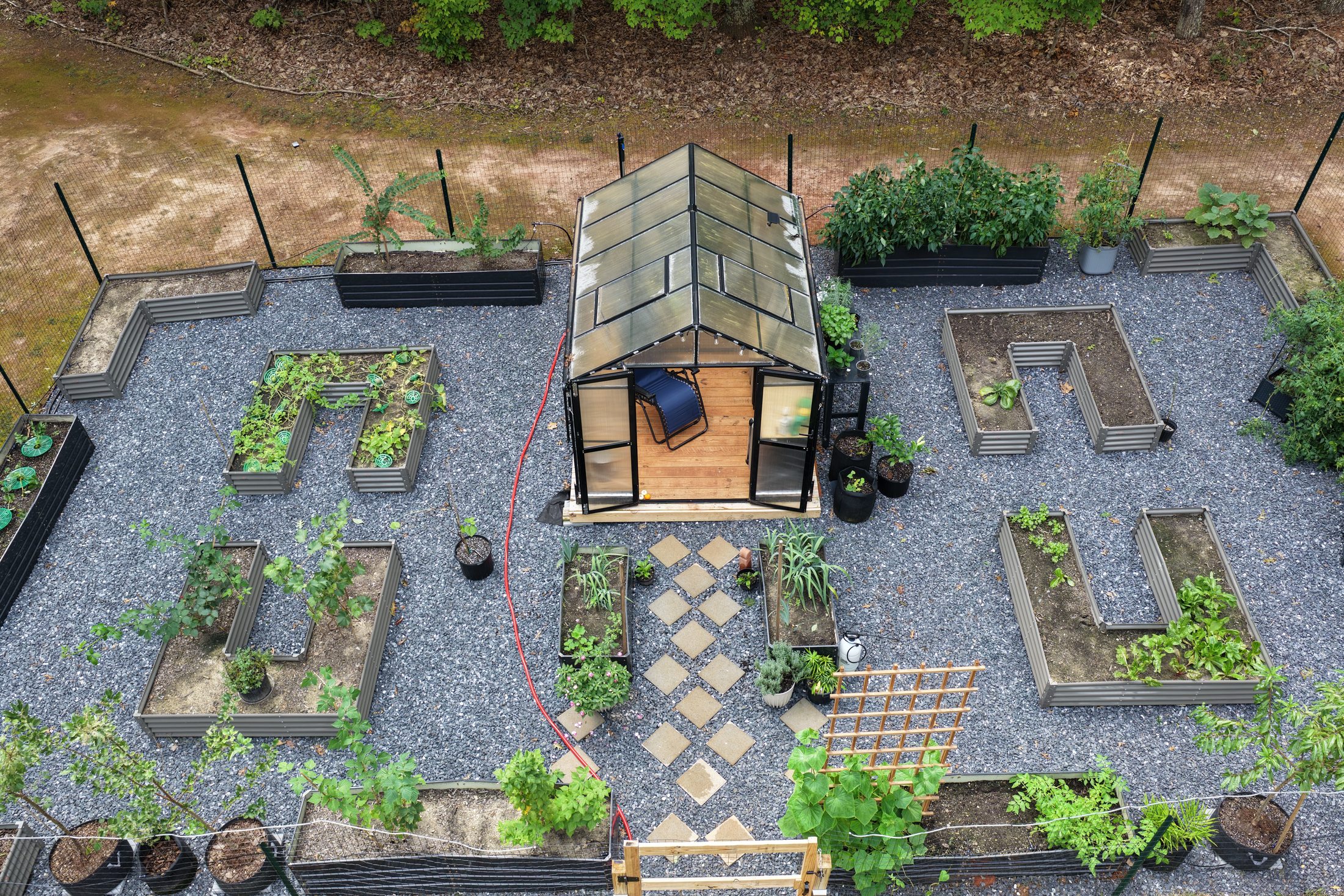 Original aerial photograph of a garden and greenhouse